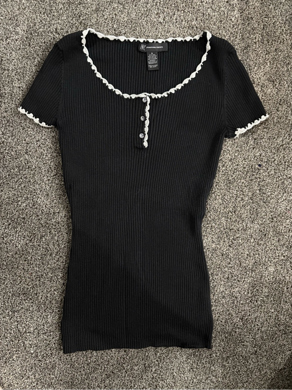INC International Concepts Black Ribbed Short Sleeve Top with White Trim